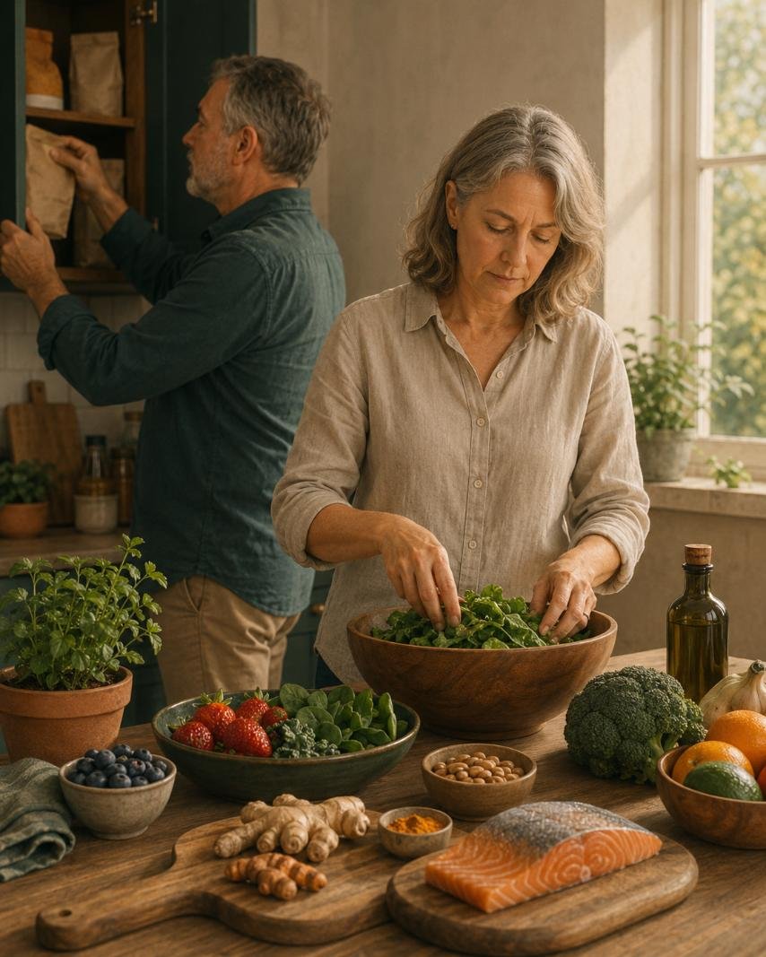 A woman prepares anti-inflammatory foods while a man puts snacks away