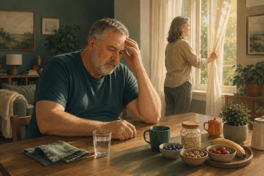 A tired man starts a calm morning routine for inflammation after 50
