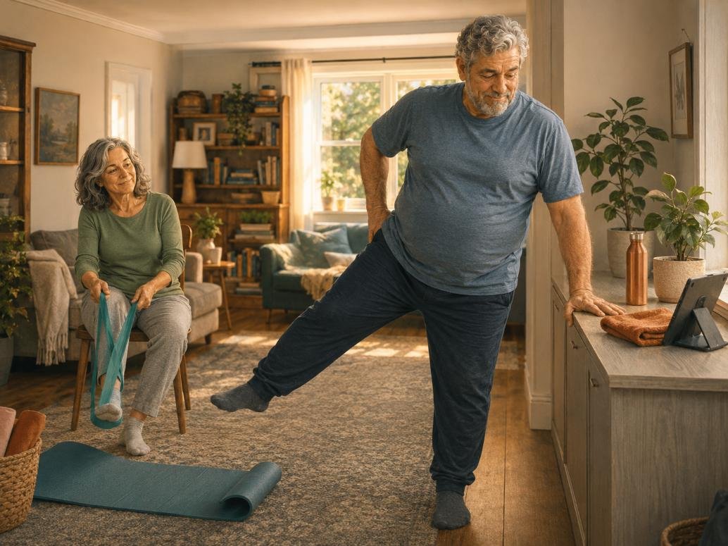 A mature couple does gentle hip exercises at home for hip pain relief after 50