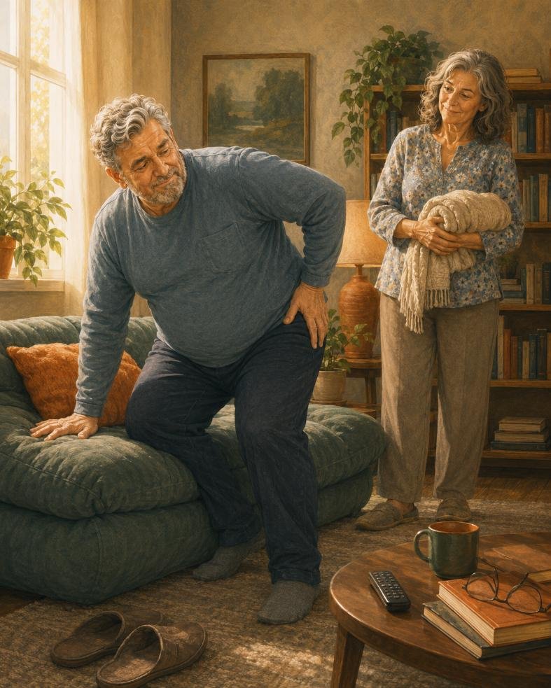 A man with hip pain after 50 struggles to stand from a low sofa