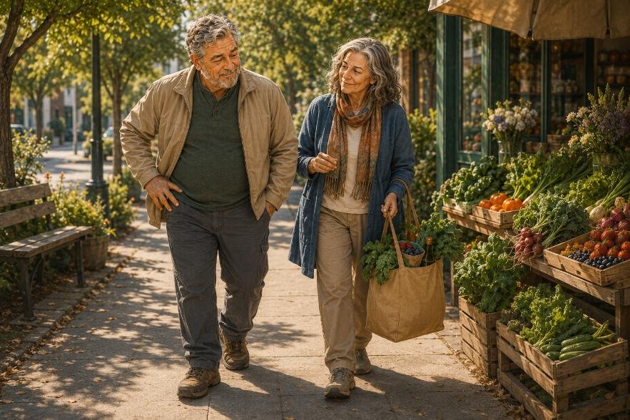 A mature couple walks through a market as part of hip pain relief after 50