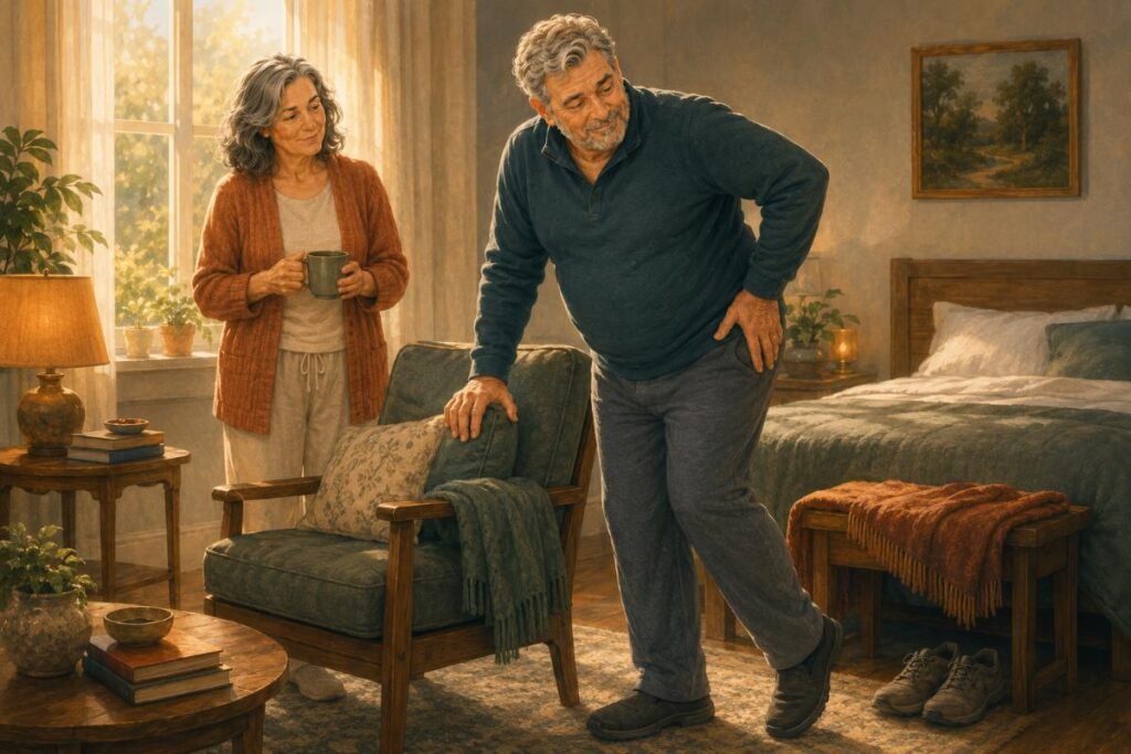 A man with hip pain after 50 uses a chair for support while a woman watches nearby