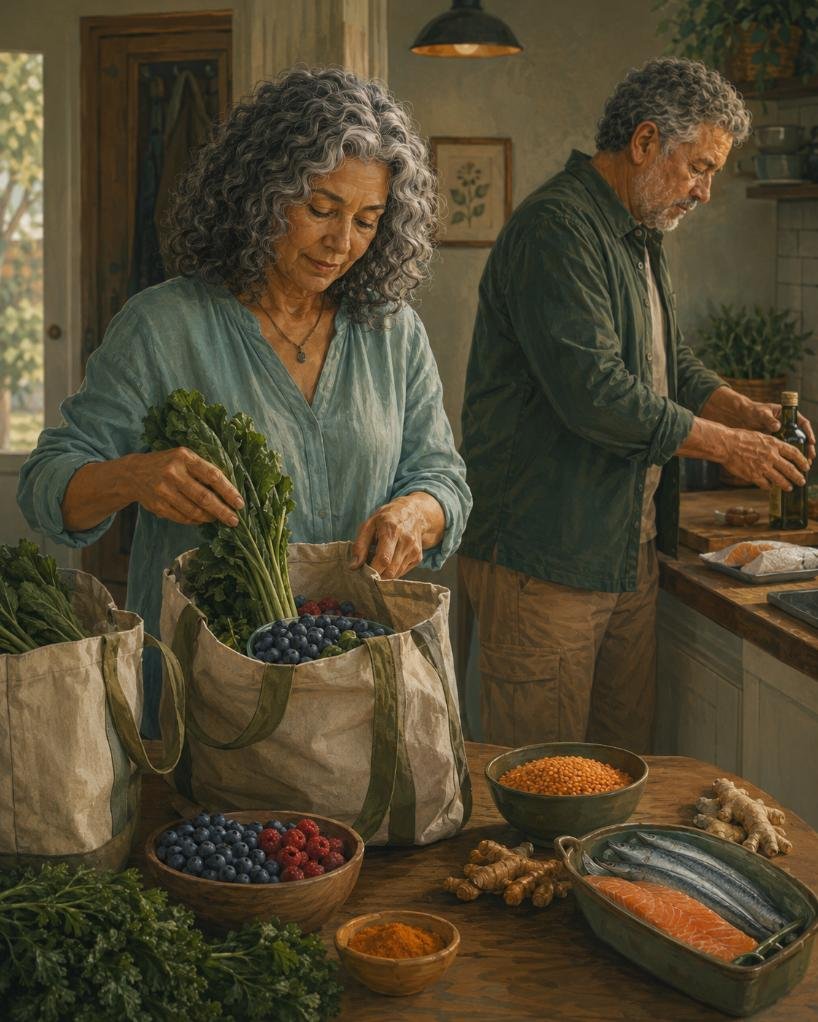 A mature couple unpacks joint-friendly foods after grocery shopping