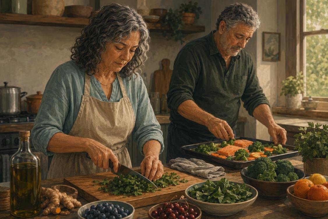 A mature couple prepares simple joint-friendly meals for the week