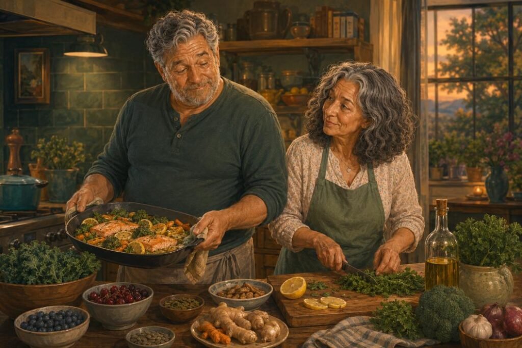 A mature couple prepares joint-friendly food in a kitchen