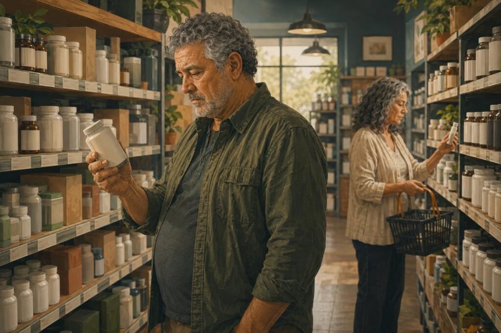 A man compares joint pain supplements in a pharmacy aisle