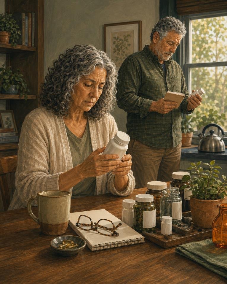 A woman reads a supplement label carefully at home