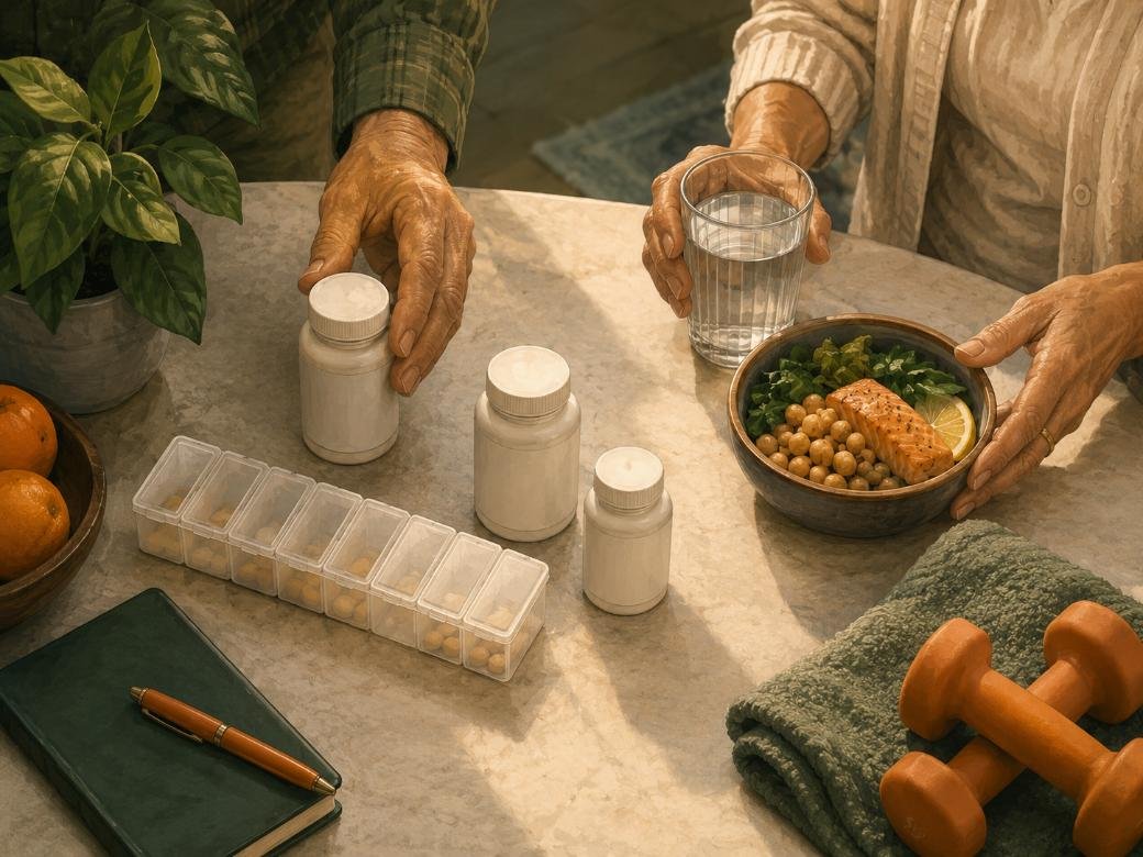 Plain supplement bottles and a weekly routine for joint pain after 50