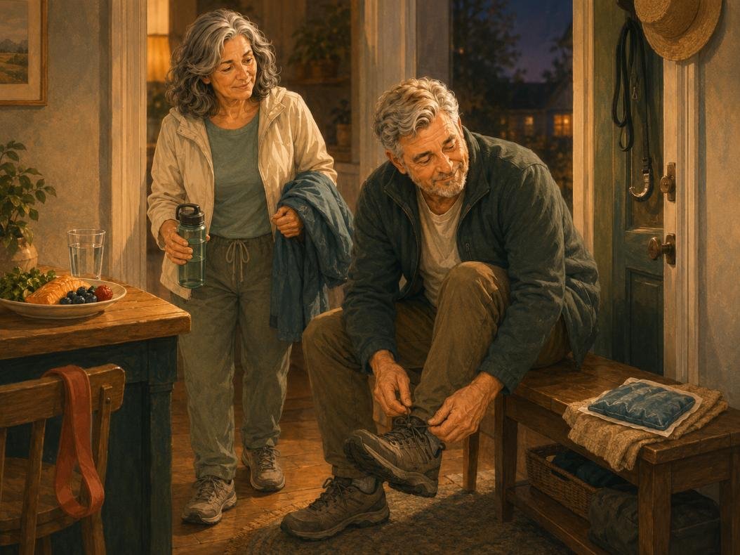 A mature couple prepares for a gentle evening walk with walking shoes, a knee wrap, and a healthy meal nearby