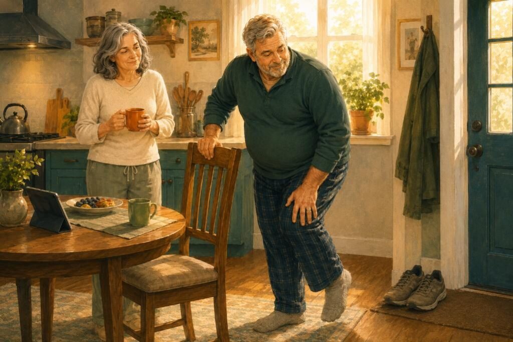 A man in his early sixties carefully tests a stiff knee in a morning kitchen while a woman watches with a cup of coffee