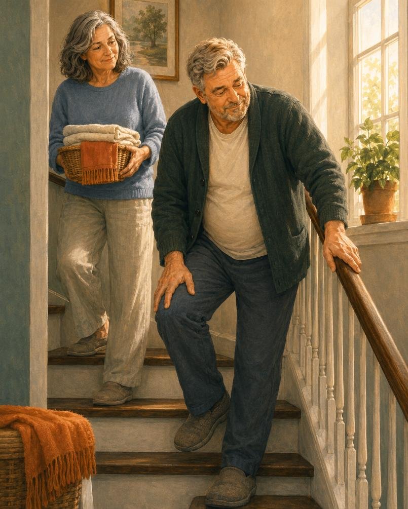 A mature man pauses carefully on a staircase while a woman nearby holds a laundry basket, showing a familiar everyday moment of knee discomfort after 50