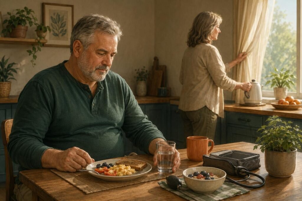A man starts a calm morning metabolic health routine after 50