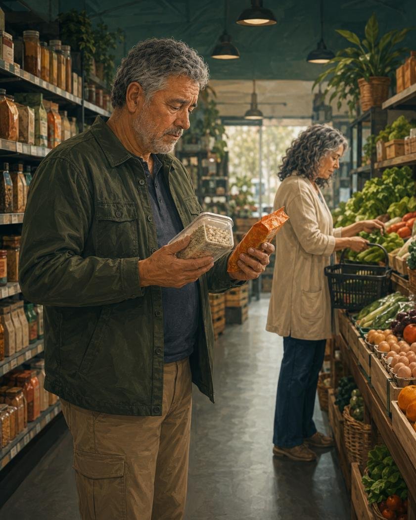 A couple shops for protein and fiber foods for weight loss after 50