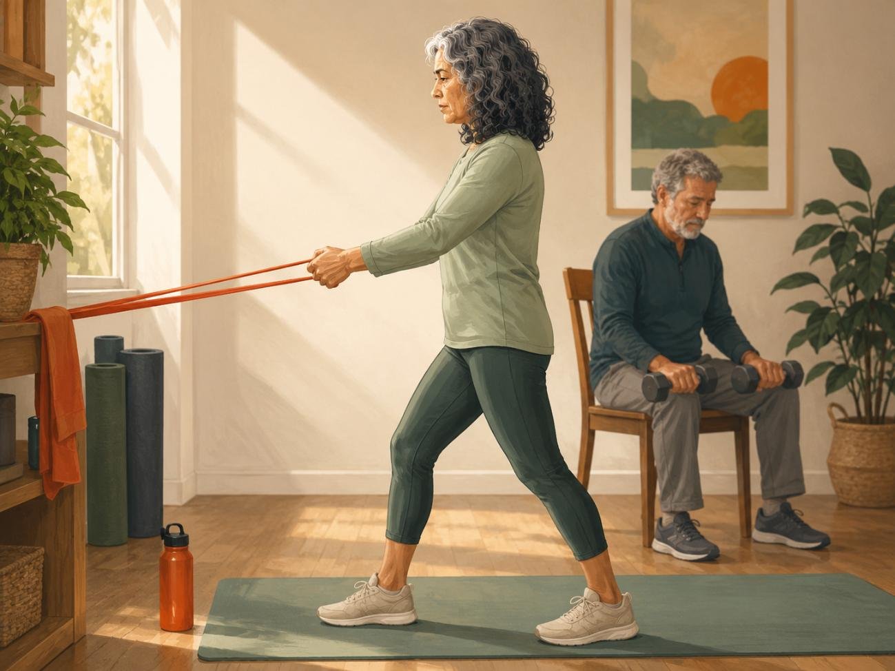 A couple does simple strength training at home for weight loss after 50