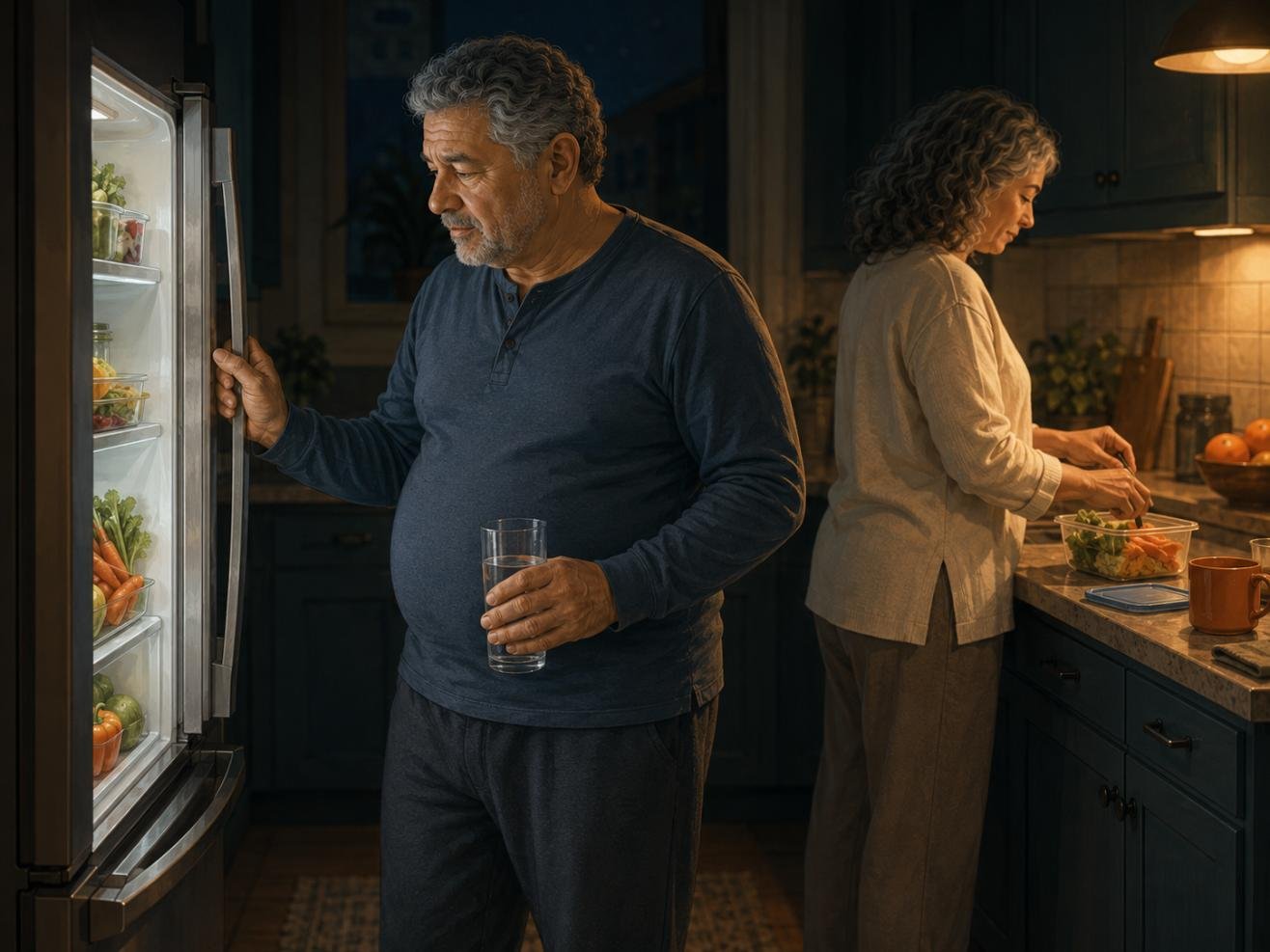 A man pauses at the fridge during a late-night weight loss habit moment after 50