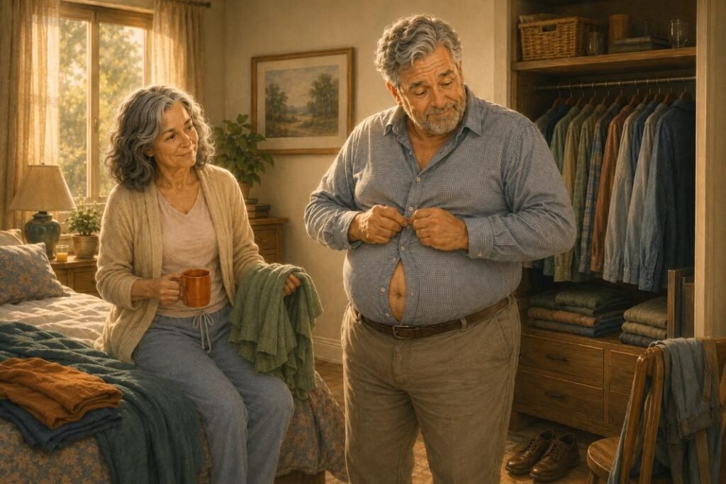 A man thinks about weight loss after 50 while getting dressed in the morning